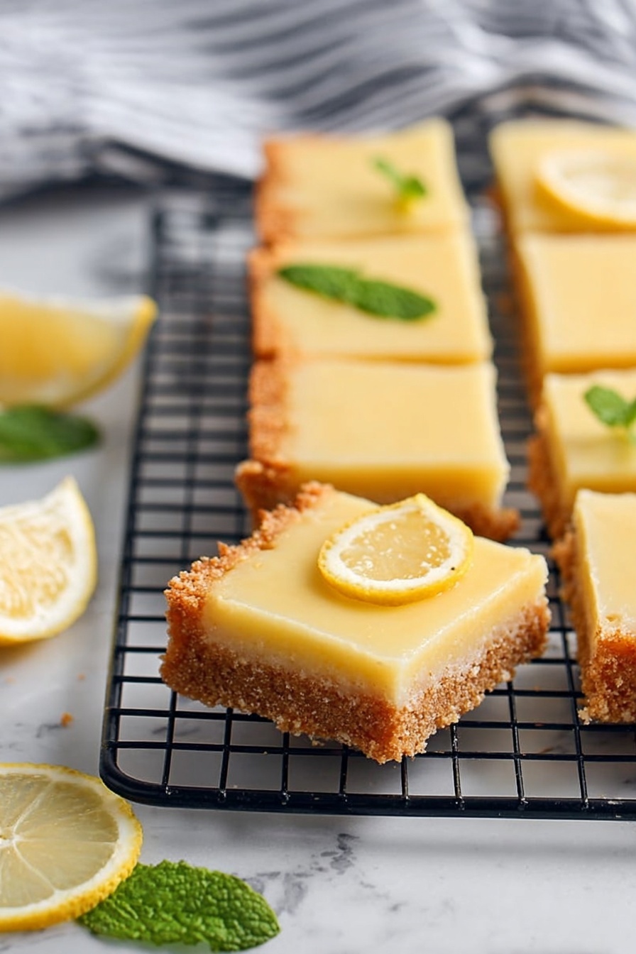 Creamy Lemon Squares, Bright Lemon Dessert, Easy Lemon Bars, Tangy Lemon Squares Recipe, No-Bake Lemon Squares - The image shows a set of square lemon bars arranged in three rows on a black metal cooling rack placed over a white marbled surface. Each lemon bar has two layers: the bottom layer is a thick, crumbly, golden-brown crust that forms a raised edge around the dessert, and the top layer is a smooth, pale yellow lemon filling with a silky texture. Around the lemon bars, there are lemon slices and green mint leaves adding a fresh touch. The background includes a striped cloth that is slightly out of focus. Photo taken with an iphone --ar 2:3 --v 7