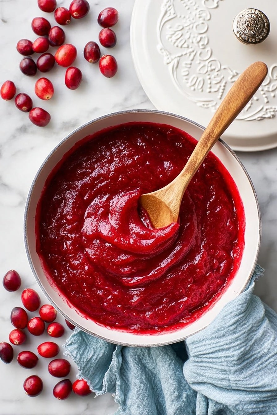Sweet and Tangy Cranberry Sauce with Maple and Orange Zest, cranberry sauce, maple orange cranberry, homemade cranberry sauce, easy holiday cranberry sauce - A white pan filled with thick, bright red cranberry sauce that has a slightly chunky texture, with a wooden spoon partially dipped into the sauce twisting it into a small swirl at the center. Fresh red cranberries are scattered on the white marbled surface around the pan. A light blue cloth is casually wrapped around the pan handle, and the white lid of the pan is placed nearby with an embossed pattern and metal knob. Photo taken with an iphone --ar 2:3 --v 7