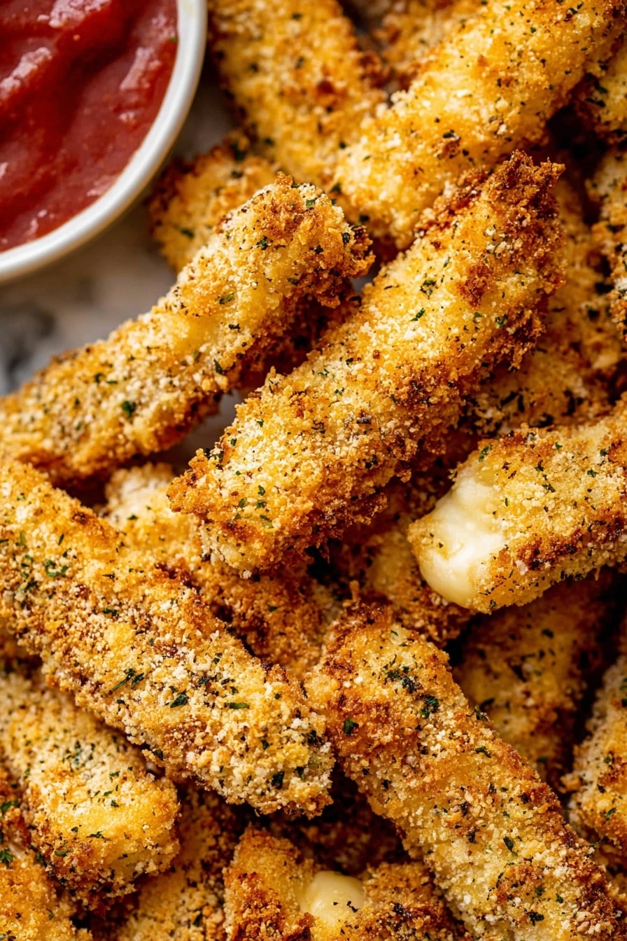 Baked Mozzarella Sticks, crispy baked mozzarella sticks, healthy mozzarella sticks recipe, cheesy baked snacks, easy baked appetizer - The image shows many crispy coated sticks piled together, each stick having a rough and crunchy light golden-brown outside with green herb specks visible in the coating. The coating looks crumbly and textured with some parts more browned than others. The sticks are resting closely together, filling the frame with a few parts showing a creamy melted layer inside the sticks. In the bottom left, part of a round white bowl with a red sauce inside is visible. The background has a white marbled texture. photo taken with an iphone --ar 2:3 --v 7