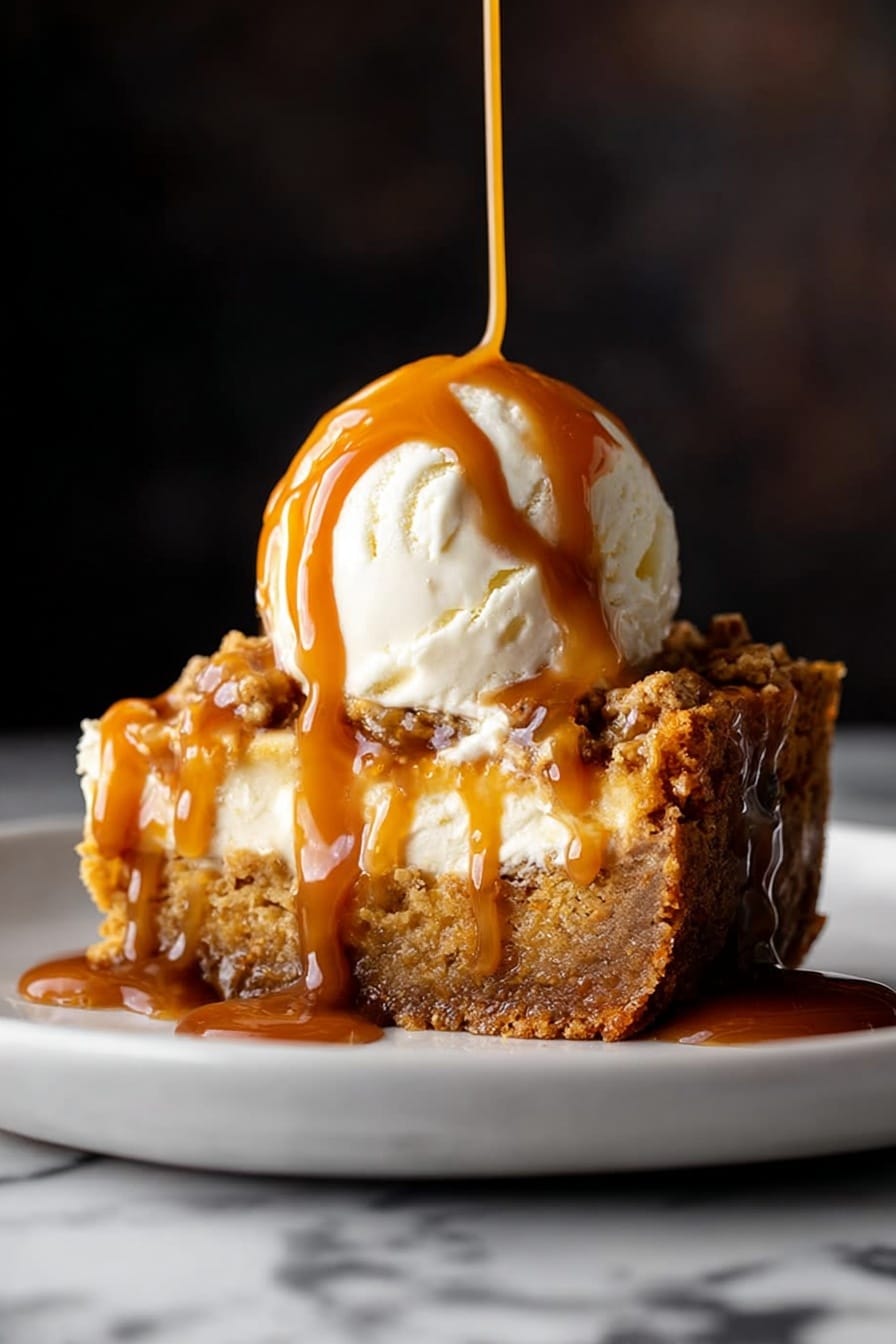 Pumpkin Dump Cake, easy pumpkin dessert, fall dessert recipes, quick dump cake, cozy pumpkin cake - A slice of golden brown dessert with a crumbly textured base layer topped by a soft, slightly moist middle layer, with a large round scoop of creamy white ice cream on top, covered with thick caramel sauce dripping down the ice cream and sides of the dessert slice, all served on a white plate against a dark blurred background with a white marbled surface below photo taken with an iphone --ar 2:3 --v 7