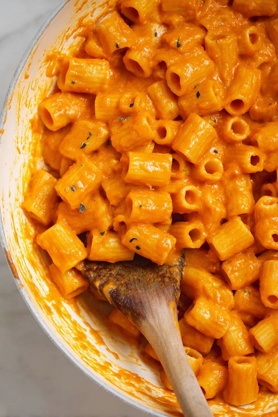 Roasted Pumpkin and Garlic Pasta with Parmesan, pumpkin pasta recipes, easy fall pasta dishes, cozy pumpkin pasta dinner, one-pot pumpkin pasta - The image shows a close-up of a white bowl filled with small tube-shaped pasta coated in a thick, bright orange sauce. The sauce has a smooth but slightly textured look, clinging well to each pasta piece. Dark tiny herb bits are scattered throughout, adding small flecks of greenish-black contrast. A wooden spoon with a round hole near its handle is partly submerged in the pasta, also covered in the orange sauce, while some sauce smudges are visible on the clean white inside surface of the bowl. The background is a white marbled texture. Photo taken with an iphone --ar 2:3 --v 7