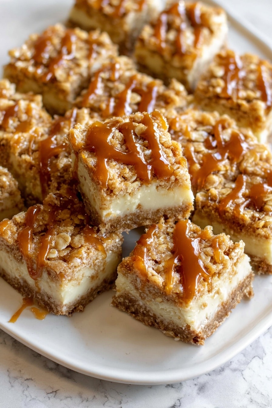 Caramel Apple Cheesecake Bars, apple cheesecake bars, caramel apple dessert, fall dessert bars, easy cheesecake bars - The image shows a close-up of a white plate filled with square pieces of a crumbly dessert bar. Each piece has three visible layers: a light brown base, a creamy middle layer, and a golden, crumbly top layer with oats mixed in. The top is drizzled with a glossy caramel sauce. The pieces are arranged close together and the plate is set on a white marbled surface. Photo taken with an iphone --ar 2:3 --v 7