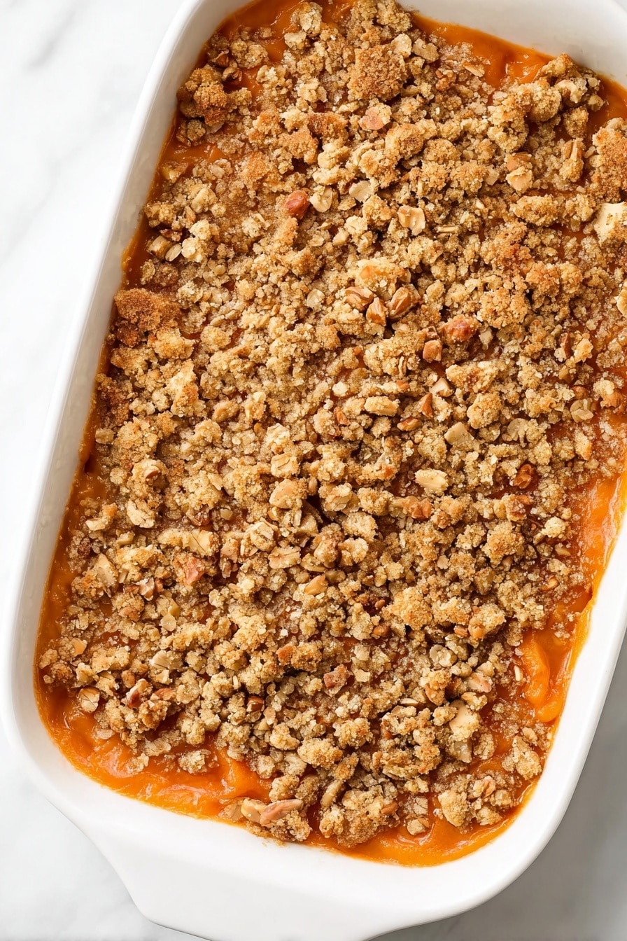 Vegan Sweet Potato Casserole with Pecan Topping, vegan sweet potato casserole, vegan holiday casserole, healthy vegan sweet potato dish, vegan comforting holiday recipe - The image shows a white rectangular casserole dish filled with a dessert made of two visible layers. The bottom layer is smooth and orange, likely a sweet potato or pumpkin filling, with a glossy texture. The top layer is a crumbly, golden brown streusel with rough chunks and pieces of nuts mixed throughout, creating an uneven crunchy texture that covers the entire surface. The dish sits on a white marbled background. photo taken with an iphone --ar 2:3 --v 7