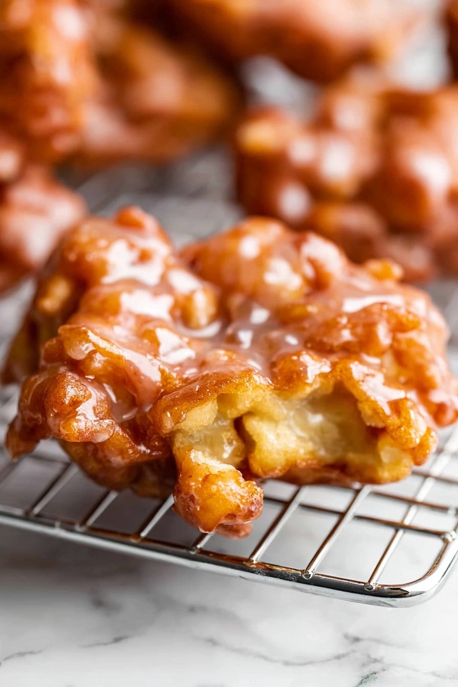 Crispy Apple Fritters with Sweet Vanilla Glaze, apple fritters, homemade apple fritters, cinnamon apple fritters, easy apple fritter recipe - The image shows a close-up of a single apple fritter resting on a cooling rack over a white marbled surface. The fritter has a rough, uneven shape with a golden-brown color mixed with lighter, glazed areas that give it a shiny, sugary texture. The glaze is unevenly spread over the top, creating a glossy, sticky appearance that catches the light. The fritter's surface looks crispy with small ridges and bumps, while the inside appears soft and moist. In the background, other fritters are blurred but similarly textured. Photo taken with an iphone --ar 2:3 --v 7