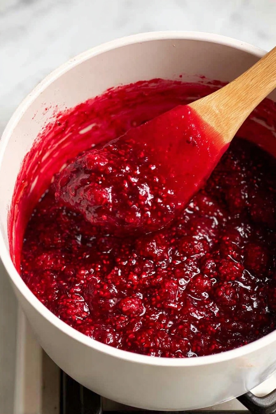 Easy Cranberry Sauce with Orange Juice, Cranberry Sauce Recipe, Holiday Cranberry Sauce, Fresh Cranberry Sauce, Orange Cranberry Sauce - A close-up view of a white pot filled with thick, bright red berry sauce with visible small whole berries and crushed bits mixed together, showing a glossy, somewhat chunky texture. A wooden spatula covered in bright red sauce is held inside the pot, lifting some sauce, adding a natural wood color contrast to the vivid red. The pot is on a stove with a dark metal grate visible under it, and the background is a white marbled surface. photo taken with an iphone --ar 2:3 --v 7