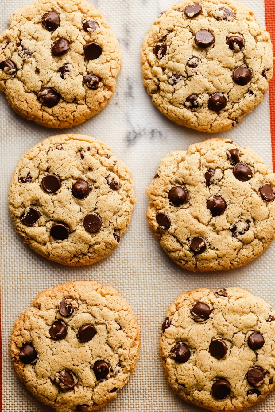 Vegan Gluten Free Chocolate Chip Cookies, vegan cookie recipes, gluten free dessert ideas, dairy free chocolate cookies, easy vegan cookies - Six round chocolate chip cookies with a light golden brown color and slightly cracked surface are placed on a textured white baking mat with a small, grid-like pattern. Each cookie has dark brown chocolate chips that stand out against the light dough. The edges of the cookies are a bit darker and the cookies look soft and chewy with a slightly crisp outer layer. The background outside the baking mat is a smooth white marbled texture. photo taken with an iphone --ar 2:3 --v 7