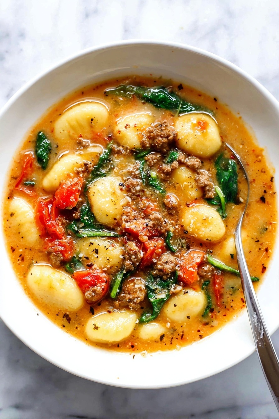 Sausage and Gnocchi Soup, hearty sausage and gnocchi dish, comforting sausage soup recipe, flavorful gnocchi soup, easy sausage and gnocchi meal - A white bowl filled with a soup that has several layers: at the bottom is a light orange broth with small herbs and spices visible, topped with golden-yellow gnocchi that have a soft and smooth texture. Scattered through the soup are chunks of bright red tomatoes, small pieces of browned ground meat, and green spinach leaves that add a fresh look. A silver spoon is placed inside the bowl, partially resting on the edge. The bowl sits on a surface with a white marbled texture. photo taken with an iphone --ar 2:3 --v 7