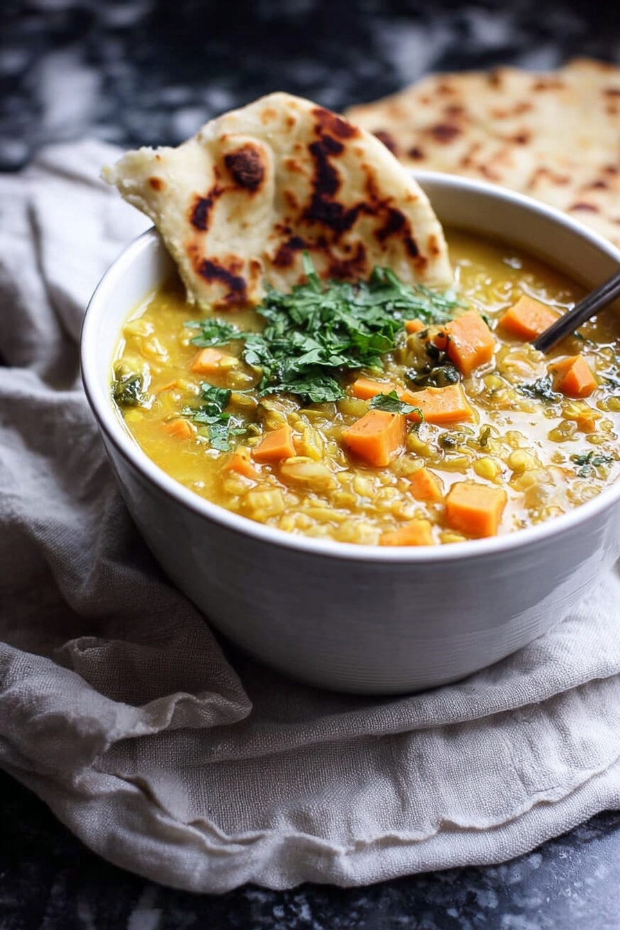 Coconut Sweet Potato Lentil Soup with Rice, vegan lentil soup, healthy coconut sweet potato soup, comforting lentil and sweet potato recipe, nourishing plant-based soup - A white bowl filled with thick yellow soup containing orange cubes, possibly sweet potatoes, with visible grains and green leafy bits mixed in. On one side of the bowl, a piece of flatbread with brown roasted spots leans against the bowl, and some fresh green herbs rest on top of the soup. The bowl sits on a light, crumpled cloth over a dark surface with a white marbled texture in the background. Photo taken with an iphone --ar 2:3 --v 7