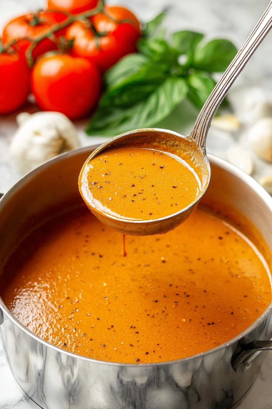 Tomato Basil Soup, easy tomato basil soup, creamy tomato soup, quick tomato basil recipe, comforting soup - A shiny silver pot filled with smooth, rich orange soup speckled with black pepper bits. A metal ladle is lifting some thick soup out of the pot, showing its creamy texture. In the background, there are bright red tomatoes on the vine, white garlic bulbs, and fresh green basil leaves. The pot is placed on a white marbled surface. photo taken with an iphone --ar 2:3 --v 7