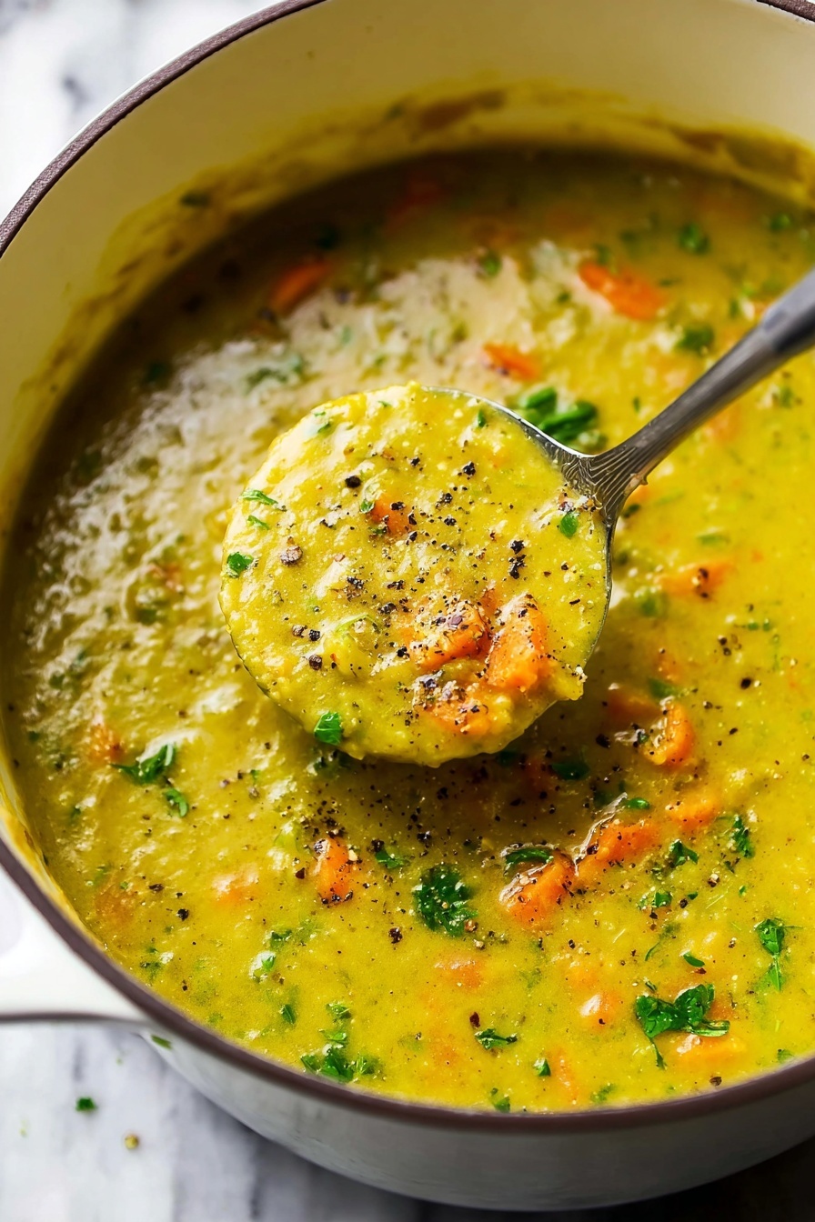 Split Pea Soup with Ham, hearty ham and pea soup, easy split pea ham soup, creamy ham and pea stew, comforting ham and peas - A close-up view of a thick yellow-green soup inside a white pot with a dark rim. The soup has small orange carrot pieces and some green herbs mixed throughout, sprinkled with black pepper on top. A metal butter knife is lifting some soup in the center, showing its creamy but slightly chunky texture. The background features a white marbled surface. photo taken with an iphone --ar 2:3 --v 7