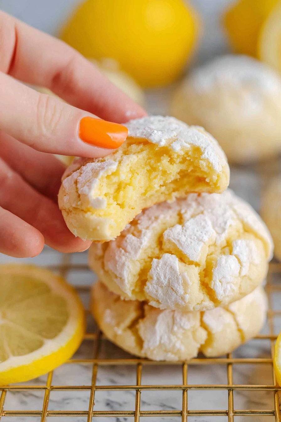 Lemon Crinkle Cookies, Lemon Cookies Recipe, Easy Lemon Cookies, Chewy Lemon Cookies, Zesty Lemon Cookie Recipe - A close-up image shows a woman's hand with orange nail polish holding a lemon cookie with a bite taken out of it, revealing its soft yellow inside. The cookie has a cracked top covered lightly with white powdered sugar. Underneath are more similar cookies stacked on a gold cooling rack. Around the rack are bright yellow lemon halves placed on a white marbled surface, adding fresh color to the scene. The photo taken with an iphone --ar 2:3 --v 7