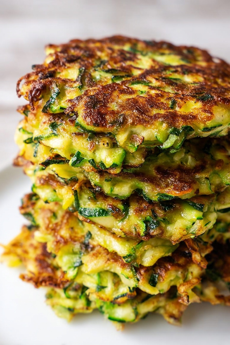 Vegan Zucchini Fritters, crispy vegan zucchini snacks, easy vegan fritters recipe, healthy zucchini side dish, plant-based zucchini appetizers - A stack of six round zucchini fritters sits closely together on a white plate, showing a mix of green zucchini shreds and light yellow cooked batter with uneven, browned patches on top. The texture looks crispy at the edges and soft inside, with some bits of green herbs visible throughout. The fritters have an uneven, slightly rough surface and are thick but not very tall. The background is a white marbled texture. photo taken with an iphone --ar 2:3 --v 7