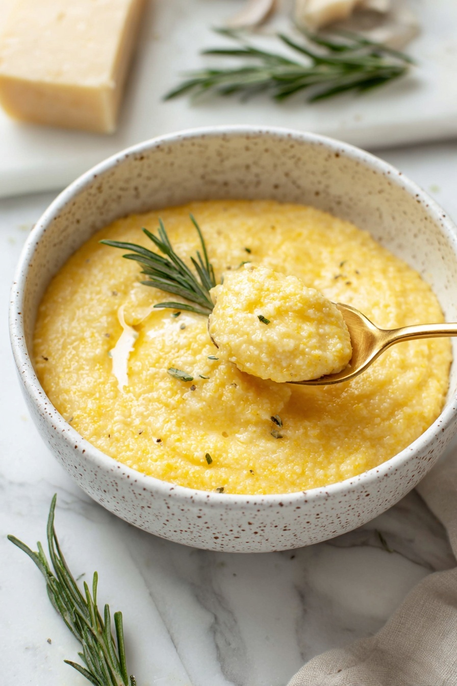 Creamy Parmesan Polenta, Parmesan Polenta, Creamy Polenta Recipe, Easy Polenta Dish, Comfort Food Recipes - The image shows a white pot with a black rim filled with a thick, creamy yellow porridge that has a slightly grainy texture. A wooden spoon is lifted above the pot, holding a scoop of the porridge, showing its dense and smooth consistency with small, visible corn grains. The scene is set on a white marbled surface, and there are small bowls of ingredients blurred in the background. The lighting is soft and natural, highlighting the warm color and texture of the porridge. photo taken with an iphone --ar 2:3 --v 7