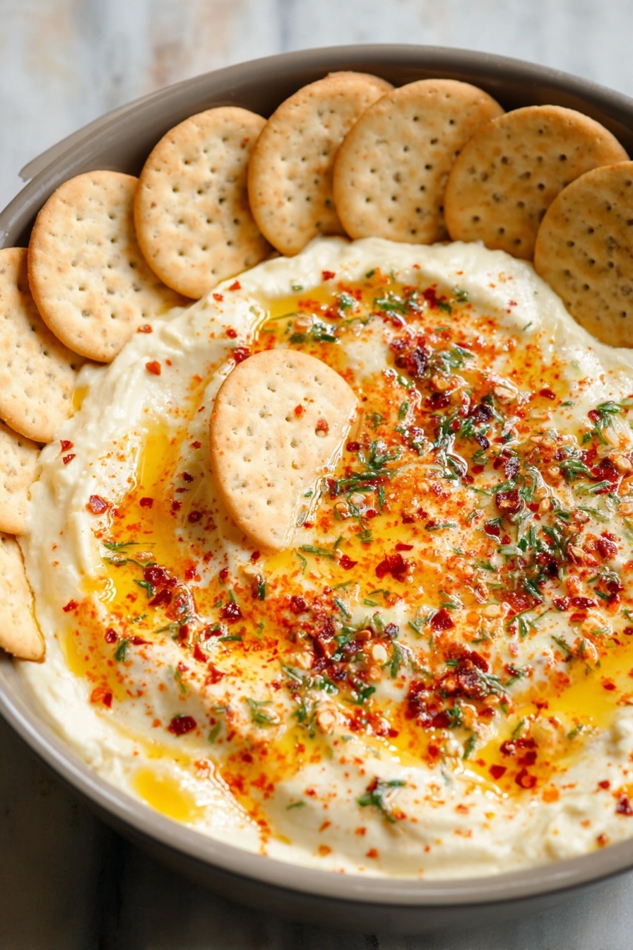 Vegan Brie Dip with Pepper Jelly, vegan cheese dip, dairy-free party dip, spicy vegan appetizer, crowd-pleasing vegan dip - A shallow gray pan holds a creamy, smooth white dip as the base layer, topped with bright golden orange oil drizzles and sprinkled with red chili flakes and green herb bits scattered across the surface. Around the edge of the dip, there are two neat rows of round, crunchy crackers with a light tan color and small seeds visible. One cracker is partly dipped into the creamy layer near the center, resting flat. The background is a white marbled texture. Photo taken with an iphone --ar 2:3 --v 7