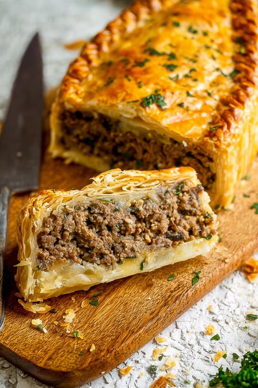 Vegan Wellington, Vegan Wellington recipe, Plant-based Wellington, Vegan holiday dinner, Vegan savory pie - A slice of savory meat pie sits on a wooden board, revealing two distinct layers: a golden-brown, flaky top crust sprinkled with chopped green herbs, and beneath it a thick, dense filling of finely ground cooked meat mixed with more herbs and spices. The bottom crust is lightly browned and flaky, holding the filling firmly. A silver fork is pressed into the filling of the front slice, while the rest of the pie remains whole in the background, showing the textured top crust and some scattered herbs and crumbs around. The overall look is warm and inviting with a mix of crumbly and meaty textures. Photo taken with an iphone --ar 2:3 --v 7