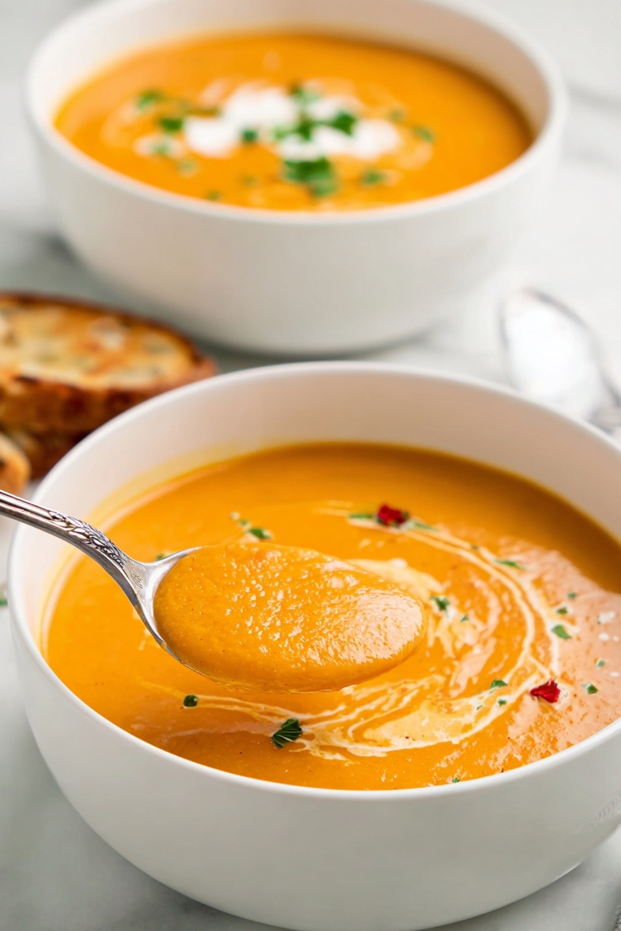 Roasted Red Pepper Gouda Soup, smoky red pepper soup, creamy Gouda soup, easy roasted red pepper soup, comforting Gouda soup - Two white bowls filled with smooth orange soup sit on a white marbled surface. The bowl in front has a spoon lifting some thick, creamy soup that shows a light swirl of cream on top. Small bits of green herbs and a tiny spot of red add color to the soup near the edge of the bowl. Behind it, the second bowl also has an orange soup with cream and green herbs. A piece of toasted bread is partly visible next to the bowls. photo taken with an iphone --ar 2:3 --v 7