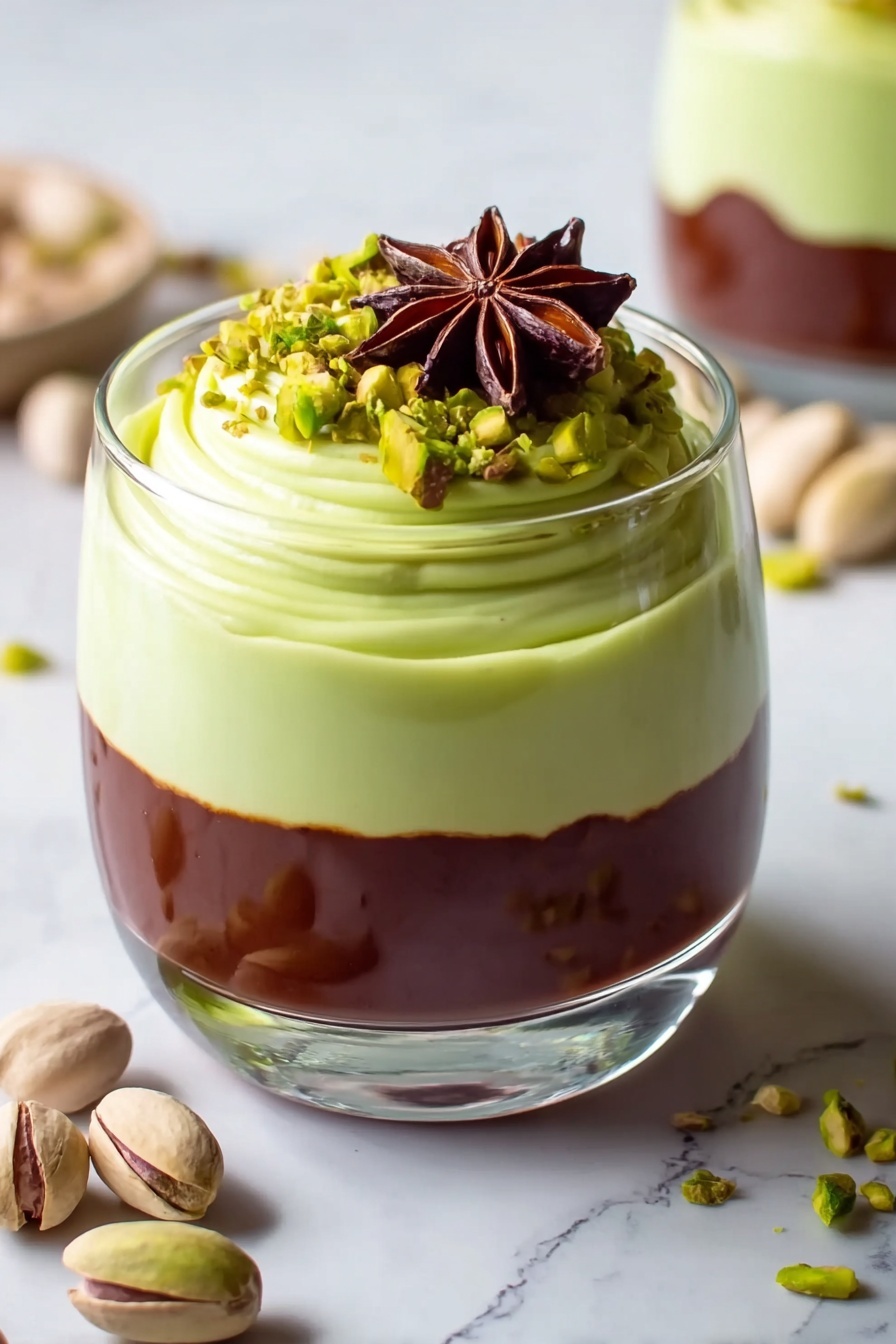 Pistachio Mousse with Chocolate Ganache, pistachio mousse dessert, chocolate ganache recipes, elegant pistachio dessert, easy mousse with chocolate - The image shows a clear glass filled with two layers of dessert placed on a white marbled surface. The bottom layer is a smooth, dark brown chocolate layer with a shiny texture. On top of this is a thick, pale green layer that looks creamy and soft, swirled into a round shape with a slight peak at the center. The top is decorated with crushed pistachio nuts and a star anise placed in the middle. Some pistachio nuts with shells are scattered around the glass. Photo taken with an iphone --ar 2:3 --v 7