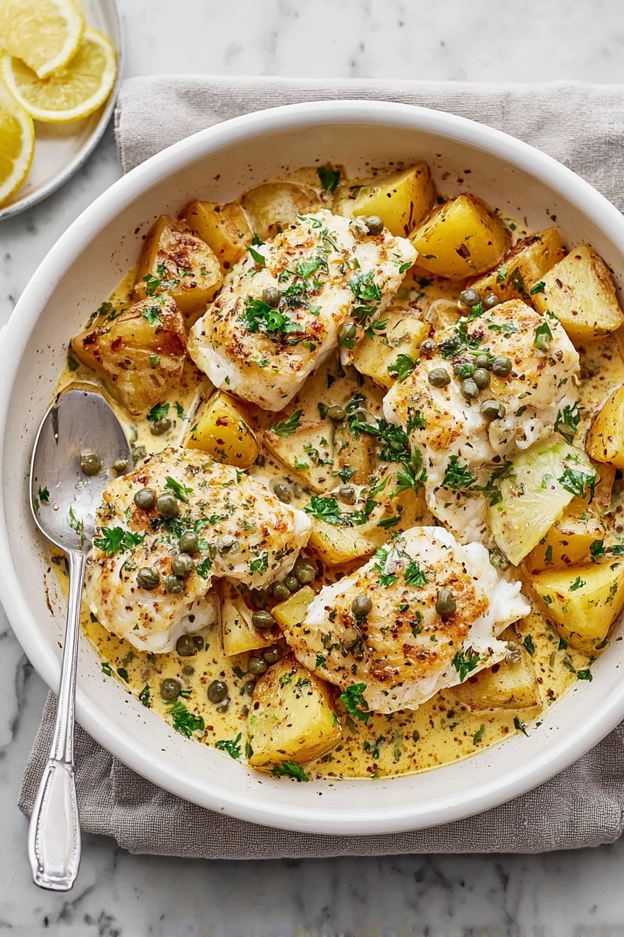 Cod & Potatoes in Rosemary Cream Sauce, rosemary fish and potato recipe, creamy cod and potato dinner, roasted Yukon gold fish dish, easy seafood with herb sauce - A white rectangular baking dish filled with four thick pieces of white fish on top, surrounded by golden roasted potato chunks. The fish and potatoes are covered with a creamy sauce sprinkled with green herbs and dark green capers. A few lemon slices are placed in the bottom left corner of the dish. A large silver spoon rests on the right side inside the baking dish, slightly on top of the potatoes. The whole dish sits on a white marbled surface. Photo taken with an iphone --ar 2:3 --v 7