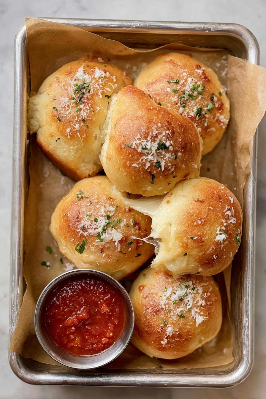Cheesy Pizza Bombs with Garlic Butter and Pepperoni, easy pizza bombs, cheesy snack recipes, garlic butter appetizer, pepperoni bites - A silver metal tray lined with light brown paper holds six golden brown dinner rolls with a shiny top sprinkled with white cheese and small green herb bits. Each roll has a slightly uneven round shape and looks soft and fluffy with some melted cheese oozing a bit from one roll. In the bottom right corner of the tray, there is a small silver cup filled with chunky red tomato sauce. The whole setup is placed on a white marbled surface. Photo taken with an iphone --ar 2:3 --v 7