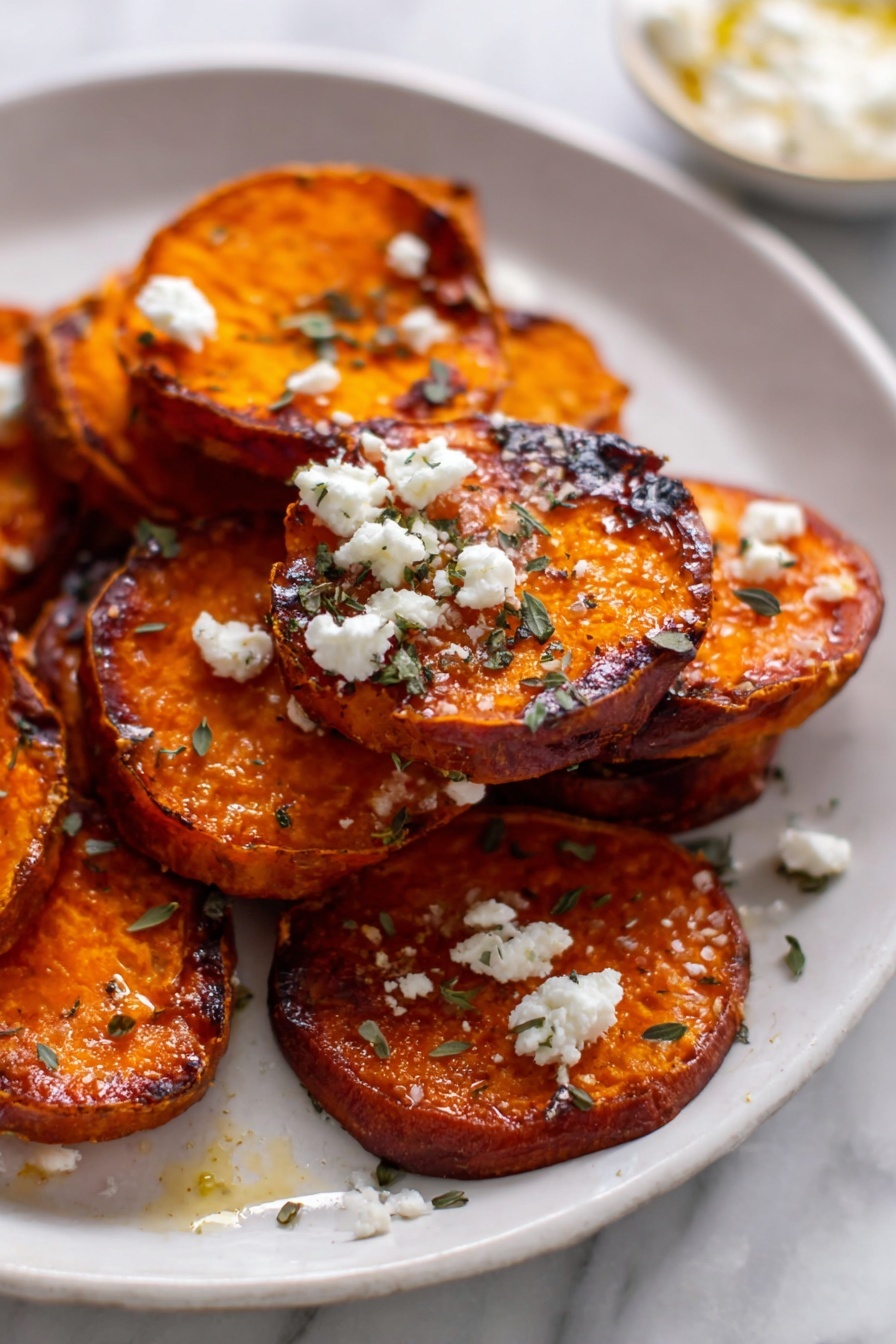 Sweet Potato Rounds with Honey and Feta, easy healthy appetizer, savory sweet potato bites, honey feta roasted sweet potatoes, simple fall appetizer - The image shows a white plate filled with about two layers of roasted sweet potato rounds, each round having a deep orange color with charred edges. The top layer of rounds is garnished with small crumbles of white cheese and scattered green herb leaves. The sweet potato slices have a slightly shiny surface, indicating a light glaze or oil. The plate rests on a white marbled surface. Photo taken with an iphone --ar 2:3 --v 7