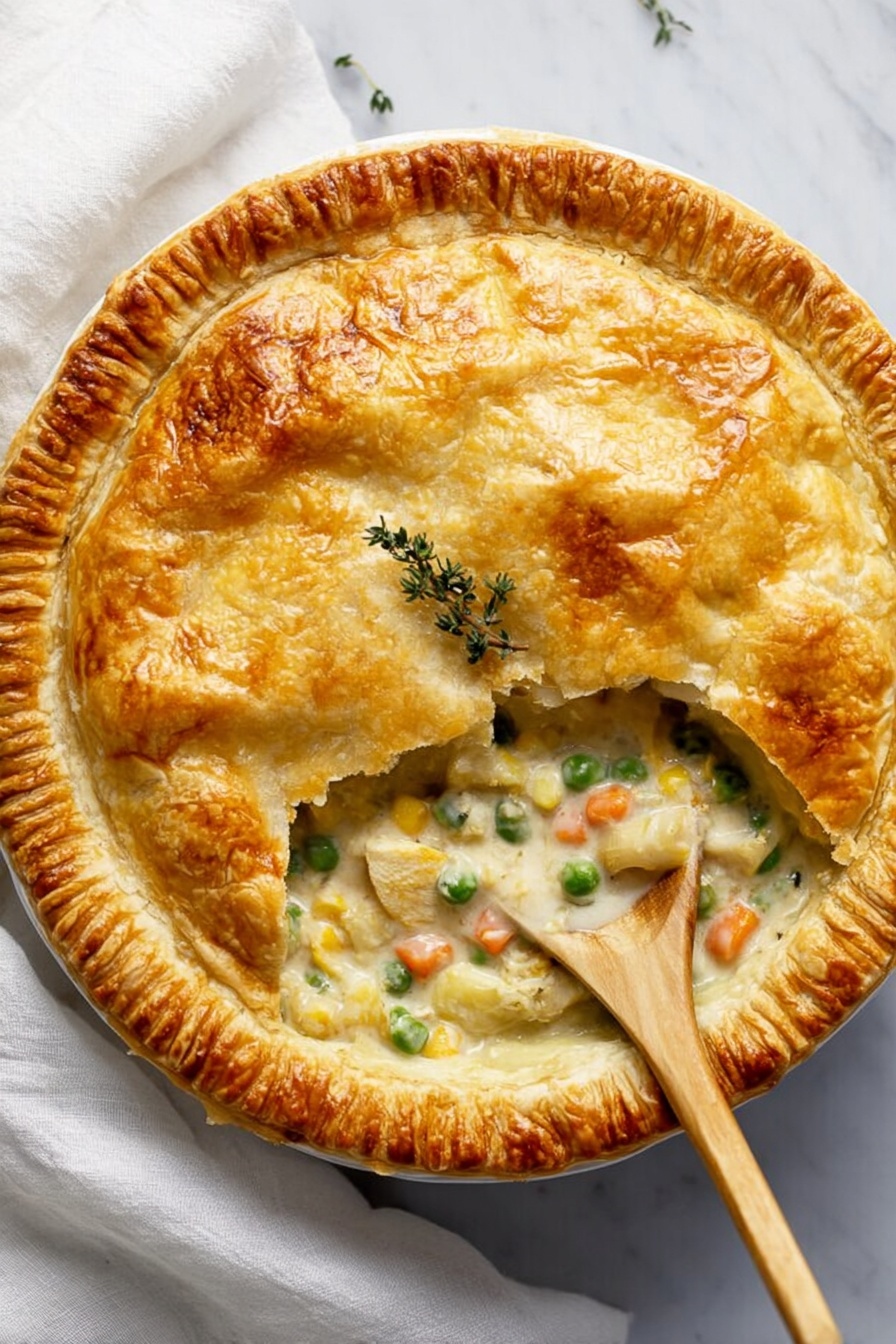 Easy Chicken Pot Pie with Puff Pastry, chicken pot pie recipes, homemade chicken pot pie, flaky puff pastry chicken pie, comforting chicken dinner - A golden brown pie with a flaky, slightly cracked crust covers the top. Near one side, there is a round opening showing a creamy filling with white chunks, green peas, small orange pieces, and light yellow cubes, likely vegetables. A wooden spoon rests inside the opening, partly buried in the filling. A small sprig of green thyme is placed on top of the crust. The pie is on a white marbled surface with a white cloth nearby, adding softness to the scene. photo taken with an iphone --ar 2:3 --v 7