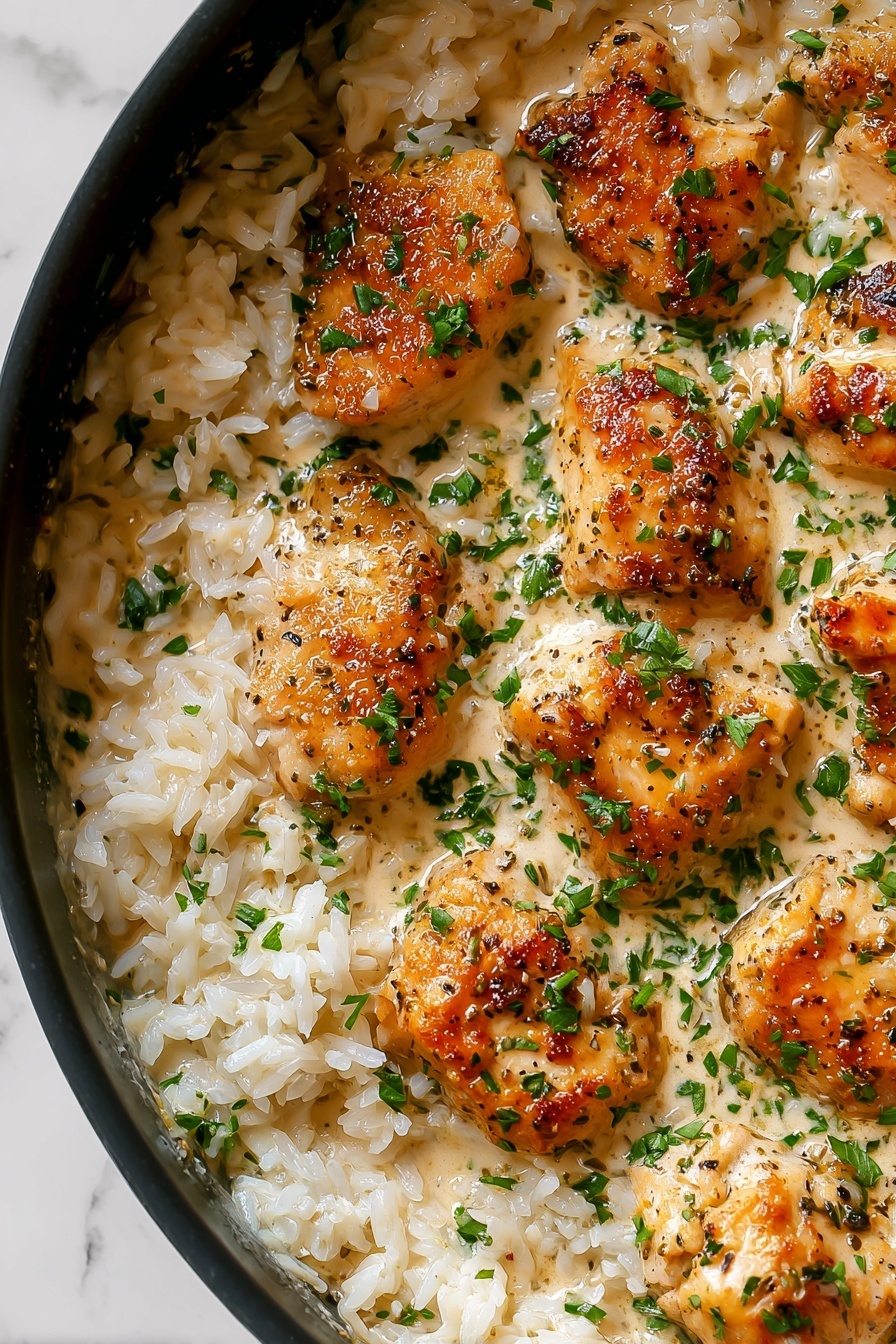 Creamy Herb Chicken with Basmati Rice, creamy herb chicken, herb chicken recipes, easy creamy chicken dinner, flavorful chicken and rice dish - The image shows a close-up of a cooked dish in a pan with pieces of browned chicken on top of a bed of white rice. The chicken pieces have a golden-brown color with a slightly crispy texture spotted with herbs. The rice underneath is fluffy and white with some grains coated in a light creamy sauce. The dish is garnished with small bits of fresh green herbs scattered across the surface, adding a fresh contrast to the creamy and golden tones. The background surface is a white marbled texture. Photo taken with an iphone --ar 2:3 --v 7