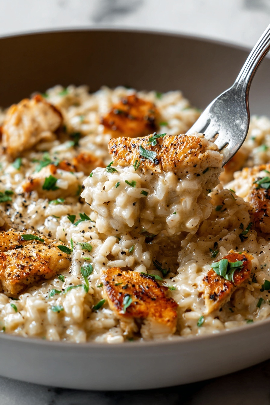 Creamy Herb Chicken with Basmati Rice, creamy herb chicken, herb chicken recipes, easy creamy chicken dinner, flavorful chicken and rice dish - The image shows a close-up of a white skillet filled with creamy risotto layered with pieces of golden brown, seared chicken scattered on top. The risotto is thick and creamy with a light beige color, speckled with black pepper and garnished with small green herbs. A silver fork lifts a portion of the creamy risotto and chicken, showing the soft texture of the rice and tender chicken pieces. The background and surface beneath the skillet are white with a marbled texture. photo taken with an iphone --ar 2:3 --v 7