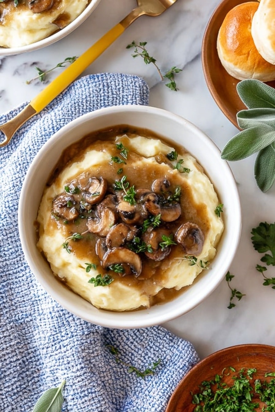 Creamy Mushroom Gravy, Mushroom Gravy, Vegetarian Mushroom Sauce, Easy Mushroom Gravy, Comfort Food Sauces - The image shows a white bowl filled with creamy, smooth mashed potatoes as the base layer. On top, there is a thick brown mushroom gravy with sliced mushrooms in it, spread over the center. Small green herb leaves are scattered on the gravy and mashed potatoes for garnish. The bowl is placed on a white marbled surface with a blue knitted cloth and a white and blue checkered napkin nearby. A fork and a knife with a yellow handle rest on the napkin. In the background, there is another bowl with a similar serving and two golden brown rolls. A wooden plate with chopped green herbs and a fresh sage leaf are also visible. Photo taken with an iphone --ar 2:3 --v 7