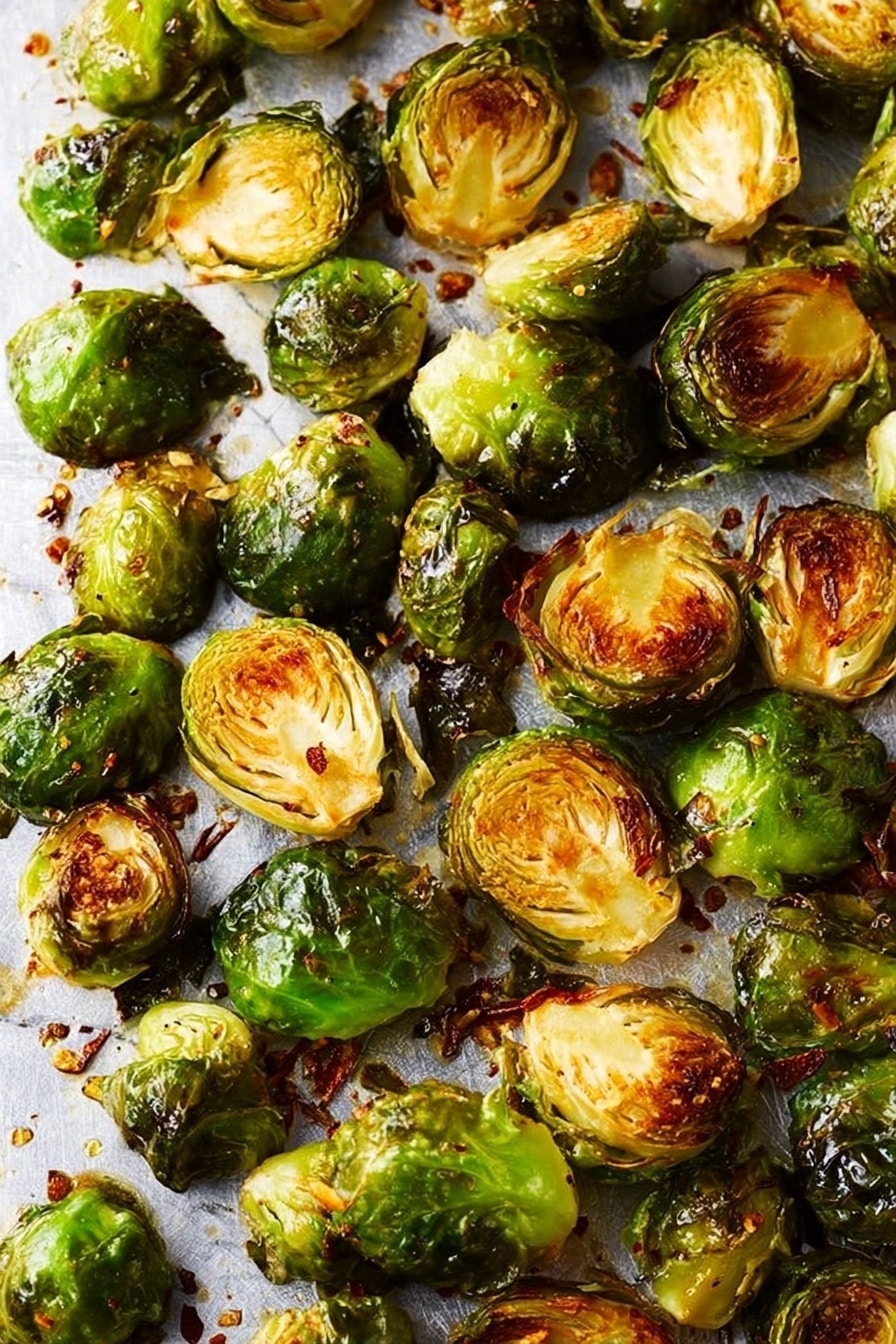 Balsamic Roasted Brussels Sprouts with Pecans and Cranberries, roasted Brussels sprouts with balsamic, cranberry Brussels sprouts side dish, festive vegetable side, easy roasted sprouts - The image shows many roasted Brussels sprouts spread out on a metal tray. Each Brussels sprout is cut in half, with the inner layers showing a mix of light yellow and golden brown where they are roasted, and the outer leaves a deep green, some with a bit of crisp and char. The texture of the sprouts is slightly wrinkled and caramelized, revealing a tender inside and crispy edges. Small bits of seasoning and oil drops are visible on the tray, adding to the roasted appearance. The background is a white marbled texture. photo taken with an iphone --ar 2:3 --v 7