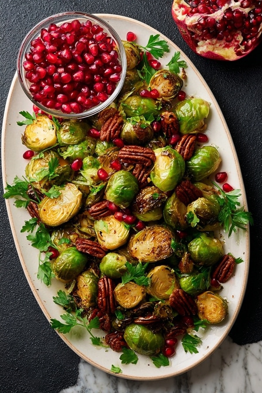 Balsamic Roasted Brussels Sprouts with Pecans and Cranberries, roasted Brussels sprouts with balsamic, cranberry Brussels sprouts side dish, festive vegetable side, easy roasted sprouts - A large oval white plate holds roasted Brussels sprouts, some whole and some cut in half, showing a golden-brown crispy texture on the flat sides. Mixed among the sprouts are bright red pomegranate seeds and whole brown pecans scattered evenly over the dish. A few sprigs of fresh green parsley add a pop of color on top. At the top edge of the plate sits a clear round bowl filled with more red pomegranate seeds. The plate is on a dark surface with a white marbled texture visible around the edges. photo taken with an iphone --ar 2:3 --v 7