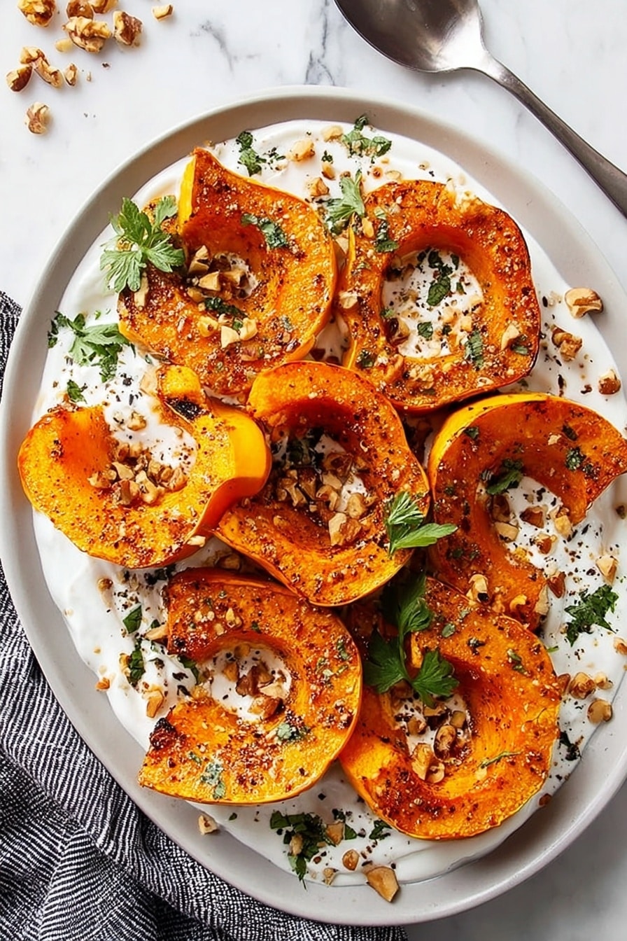 Roasted Honeynut Squash with Whipped Ricotta and Maple-Walnut Topping, honeynut squash recipe, flavorful winter vegetable dish, cozy roasted squash with toppings, easy festive squash recipe - The image shows eight pieces of roasted orange squash with a slightly crispy texture, arranged on top of a white creamy sauce spread unevenly over a white plate. The squash pieces are scattered with chopped nuts and green fresh herb leaves. The plate rests on a white marbled surface, with a striped cloth and a silver spoon partly visible behind it. The overall colors are warm orange, creamy white, and green, creating a fresh and rustic look. Photo taken with an iphone --ar 2:3 --v 7