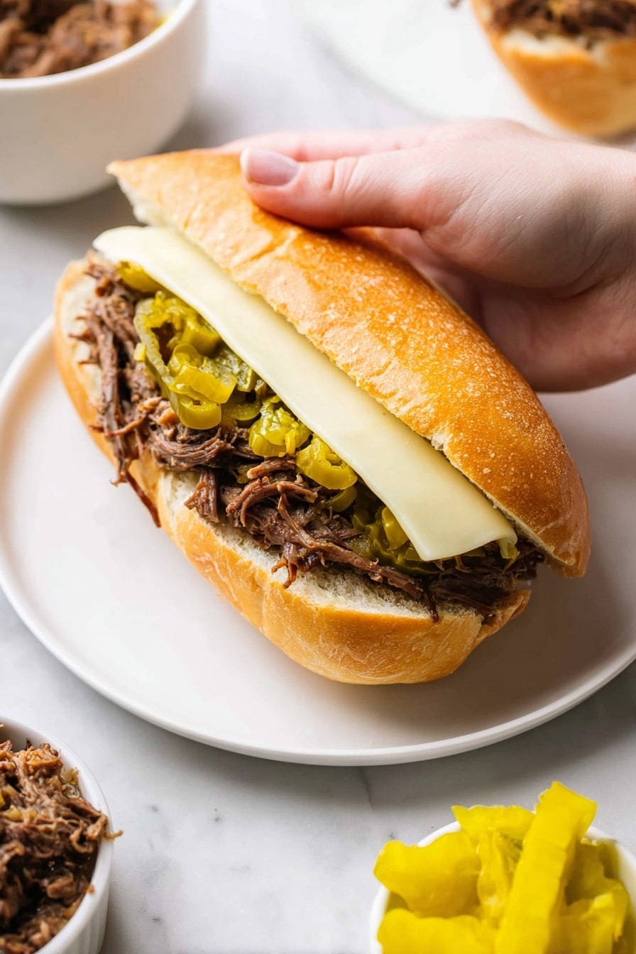 Italian Beef Sandwiches with Pepperoncini and Melted Cheese, Italian beef sandwiches, Pepperoncini beef sandwich recipe, hearty Italian sandwich, gourmet beef sandwiches - A close-up view of a sandwich held by a woman's hand, showing three main layers inside a soft, lightly toasted golden brown sub roll. The bottom layer is tender, shredded brown meat filling the bread. On top of the meat, there is a layer of sliced green pickled peppers scattered unevenly. The top layer consists of a single slice of white cheese that extends along the length of the sandwich. The sandwich rests on a plain white plate set on a white marbled surface, with a small bowl of bright yellow pickled peppers and a partial view of a white bowl filled with a chunky brown mixture nearby. Photo taken with an iphone --ar 2:3 --v 7