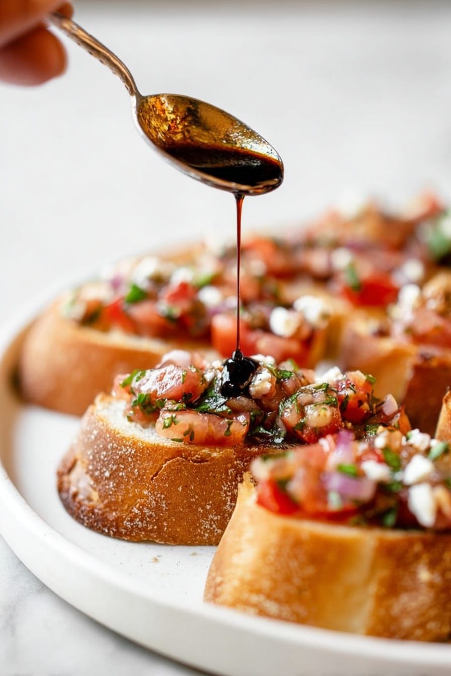 Tomato Bruschetta with Balsamic Glaze, tomato bruschetta appetizer, balsamic glaze recipes, easy bruschetta ideas, fresh tomato appetizers - The image shows several slices of crusty bread with rough, golden brown edges placed on a white plate. Each slice is topped with chopped tomatoes, green herbs, and small bits of white cheese, creating a textured and colorful layer on top of the bread. A woman's hand holds a spoon above the slices, pouring a thick, dark liquid drizzle over the toppings. The background and surface have a white marbled texture, adding a clean and bright contrast to the vivid colors of the bruschetta. Photo taken with an iphone --ar 2:3 --v 7