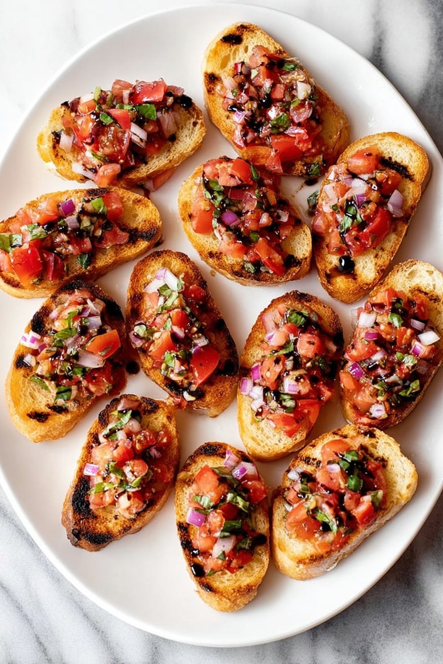 Tomato Bruschetta with Balsamic Glaze, tomato bruschetta appetizer, balsamic glaze recipes, easy bruschetta ideas, fresh tomato appetizers - The image shows several slices of toasted bread arranged on a round white plate placed on a white marbled surface. Each slice has a thick base with a light brown, crunchy crust and a soft interior. On top of each slice is a colorful mixture consisting of small pieces of red tomatoes, finely chopped purple onions, green basil leaves, and small bits of white garlic or cheese, all lightly drizzled with dark balsamic glaze. The toppings are evenly spread, sitting prominently above the bread, creating a vibrant and fresh presentation. Photo taken with an iphone --ar 2:3 --v 7
