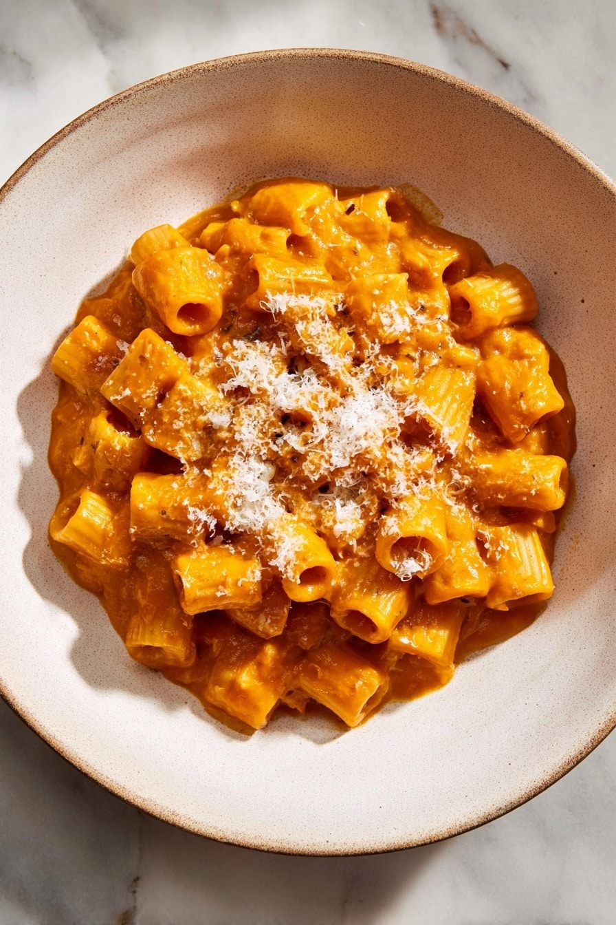 Roasted Pumpkin and Garlic Pasta with Parmesan, pumpkin pasta recipes, easy fall pasta dishes, cozy pumpkin pasta dinner, one-pot pumpkin pasta - A round white bowl holds a single layer of small tube pasta covered in thick, smooth orange sauce. The pasta is closely packed, and the sauce looks creamy and rich, evenly coating each piece. On top, there is a light sprinkle of finely grated white cheese that adds a soft texture contrast. The bowl sits on a white marbled surface, and the lighting is natural and soft, highlighting the warm colors of the dish. photo taken with an iphone --ar 2:3 --v 7