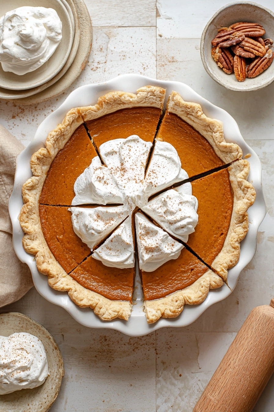 Vegan Pumpkin Pie, vegan pumpkin pie recipe, plant-based pumpkin pie, dairy-free pumpkin pie, easy vegan pumpkin pie - A pumpkin pie in a white scalloped pie dish sits on a white marbled surface, with eight slices clearly cut but still in place. The pie has a golden-brown flaky crust that surrounds a smooth, deep orange pumpkin filling. In the center, a thick layer of white whipped cream is spread over four slices, lightly sprinkled with cinnamon or nutmeg. Around the pie, there is a small bowl of whipped cream, a plate, a pecan bowl, and a rolling pin, all on the white marbled surface. photo taken with an iphone --ar 2:3 --v 7