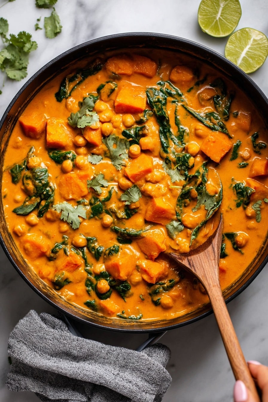 Sweet Potato Curry with Chickpeas, healthy plant-based curry, cozy vegetarian dinner, flavorful chickpea and sweet potato recipe, easy vegan curry - A black pot filled with a bright orange creamy stew, showing three main layers: soft orange sweet potato cubes, round light beige chickpeas, and fresh green spinach leaves mixed throughout. The stew sauce is thick and coats the ingredients evenly with a smooth texture. Some chopped cilantro leaves float on top, adding a darker green color. A wooden spoon rests partly inside the pot, stirring the thick stew. Lime wedges and fresh cilantro sprigs lie on a white marbled surface near the pot. A woman's hand holds the pot handle wrapped in a gray cloth. Photo taken with an iphone --ar 2:3 --v 7