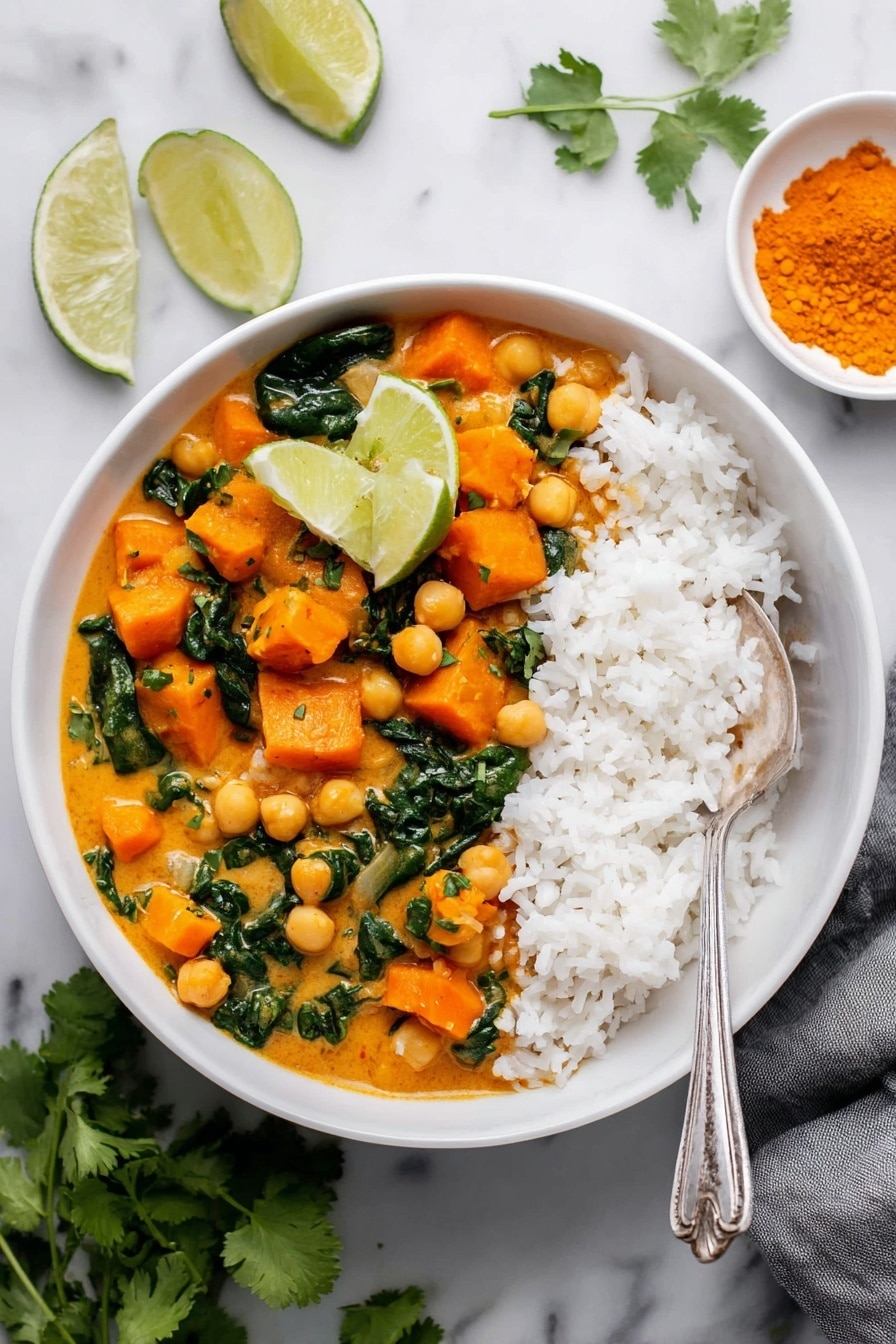 Sweet Potato Curry with Chickpeas, healthy plant-based curry, cozy vegetarian dinner, flavorful chickpea and sweet potato recipe, easy vegan curry - The image shows a white bowl with two main layers: on the right side, there is a layer of plain white rice with a shiny silver spoon resting on it; on the left side, an orange curry with chickpeas, soft cubed pieces of orange sweet potato, and dark green spinach leaves mixed in. Two green lime wedges are placed on top of the rice next to the curry. The bowl is on a white marbled surface with a small white dish of orange powder and two lime wedges in the background. Some fresh green cilantro leaves are placed near the bowl. photo taken with an iphone --ar 2:3 --v 7