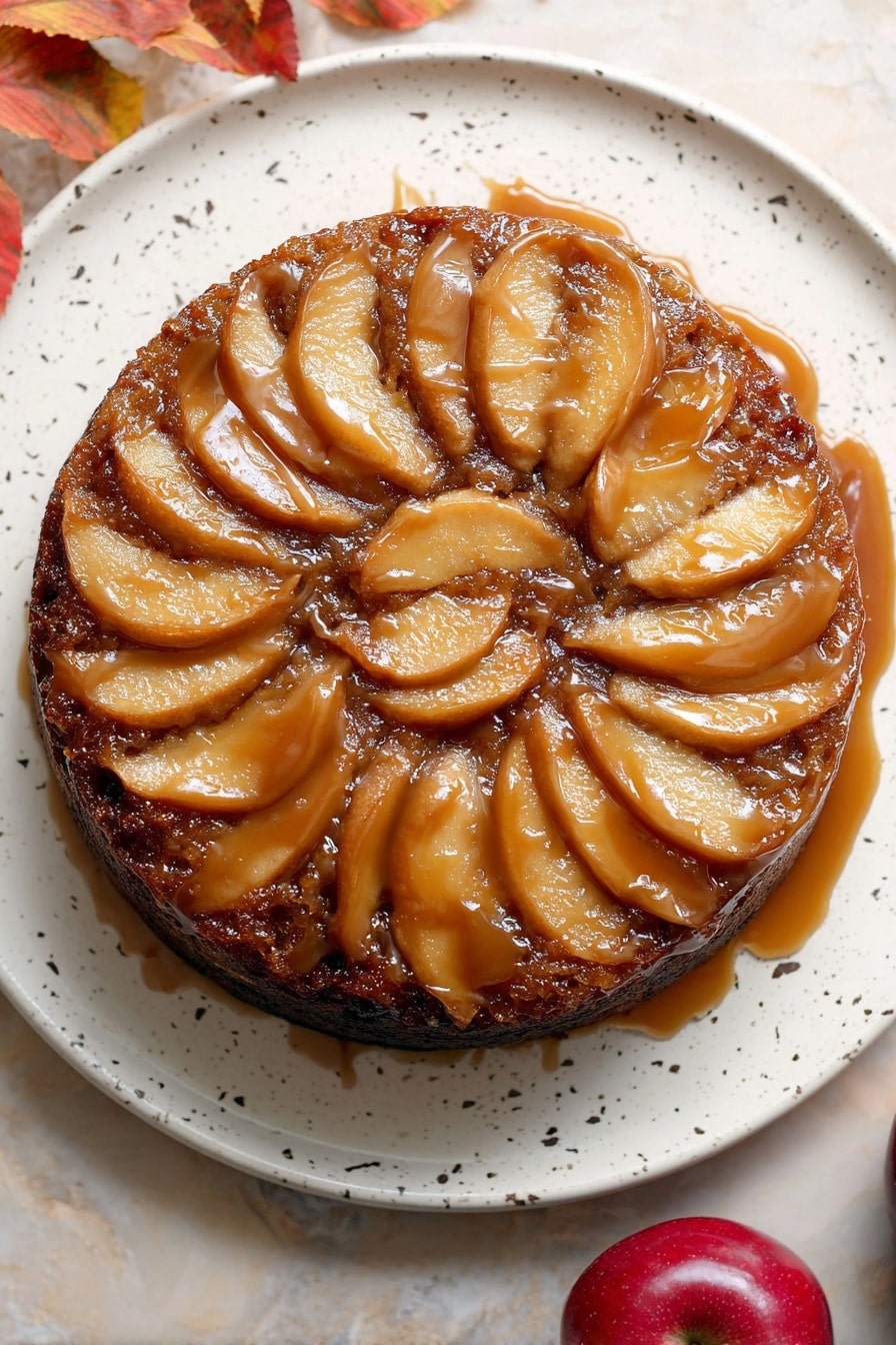 Vegan Apple Upside Down Cake, vegan apple dessert, plant-based apple cake, dairy-free apple cake, vegan apple dessert recipe - A round upside-down apple cake with thinly sliced apple pieces arranged in a circular pattern on top, glazed with a shiny brown caramel sauce that covers the entire surface and edges; the cake itself is dense and dark brown, sitting on a white plate with small speckled patterns, all placed on a white marbled texture background with a red apple partially visible in the bottom right corner, and some autumn-colored leaves in the top left corner photo taken with an iphone --ar 2:3 --v 7