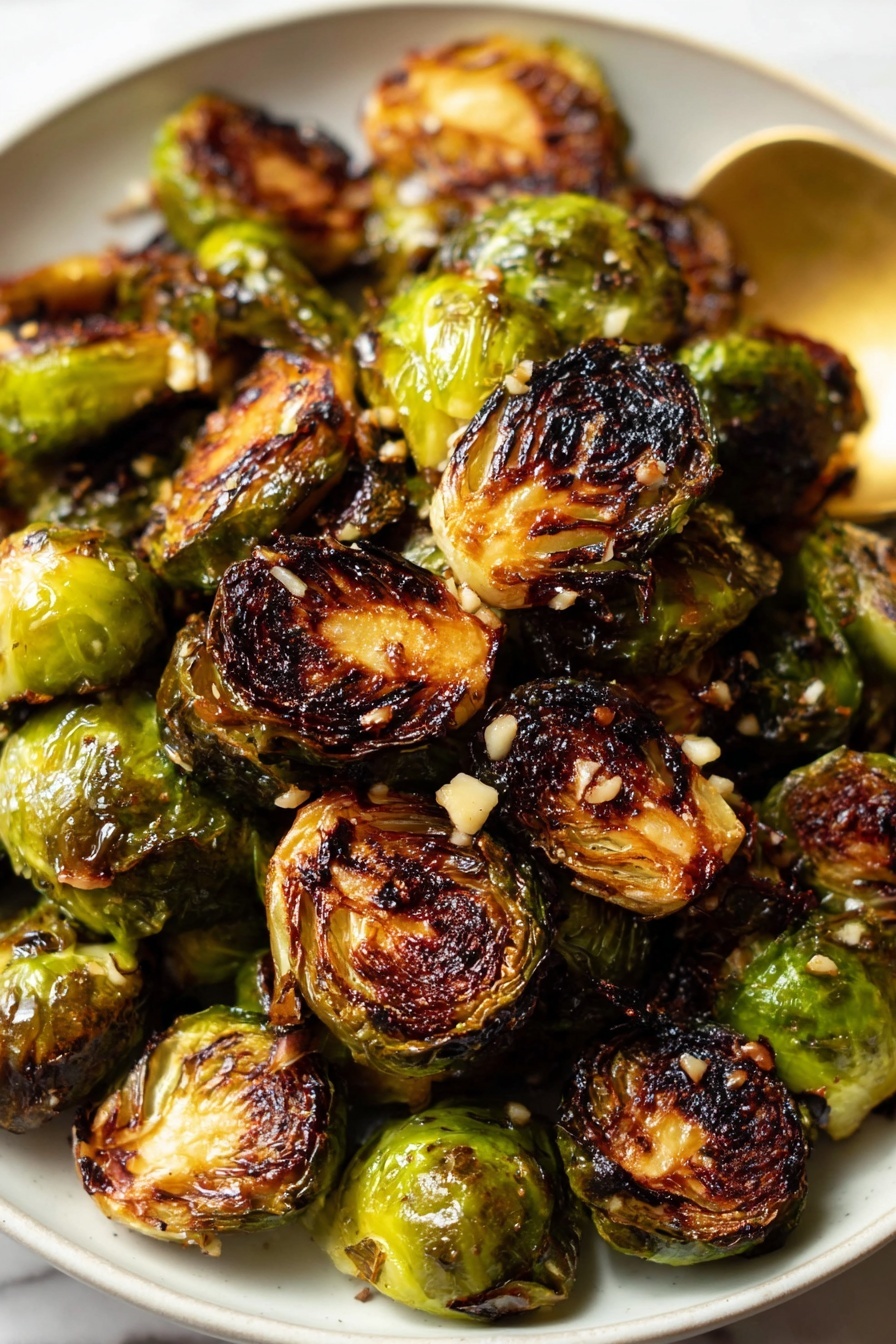 Best Roasted Brussels Sprouts, roasted Brussels sprouts, crispy Brussels sprouts, garlic roasted Brussels sprouts, healthy Brussels sprouts side dish - A close-up view of roasted Brussels sprouts on a white plate, showing about two layers of halved sprouts. Each sprout has a rich mix of deep charred brown and vibrant green colors with a crispy, textured surface. Small bits of chopped garlic are scattered on top, adding a light cream color contrast. A golden spoon is partially visible on the right side of the plate. The plate sits on a white marbled surface, and the lighting highlights the shiny, caramelized glaze on the sprouts. Photo taken with an iphone --ar 2:3 --v 7