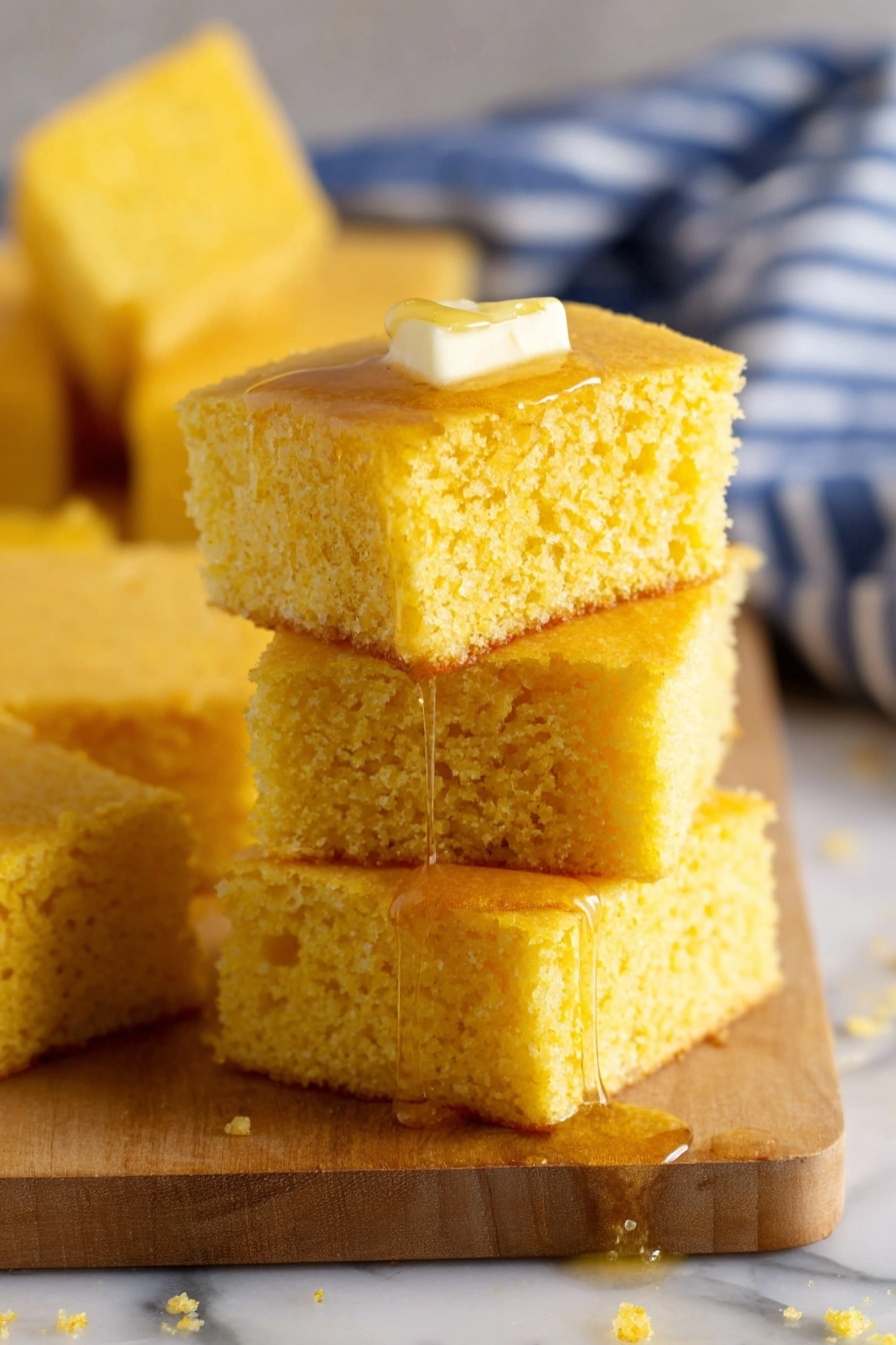 The Best Vegan Cornbread, vegan cornbread recipe, plant-based cornbread, dairy-free vegan cornbread, easy vegan cornbread - The image shows a stack of two pieces of yellow cornbread, each piece has a soft and slightly crumbly texture. The top piece has a thin square of pale yellow butter resting in the center. The cornbread pieces are cut into neat squares with visible small air holes throughout, showing a light and fluffy interior. The stack is placed on a light wood board that is partially resting on a white marble surface. Other pieces of cornbread are scattered around the background with a blue and white striped cloth softly blurred in the background. photo taken with an iphone --ar 2:3 --v 7