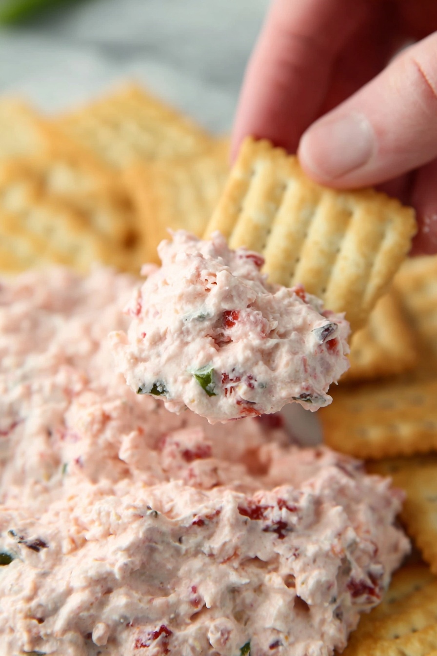 Cranberry Jalapeno Dip, Cranberry Jalapeno Dip flavor, vegan Cranberry Jalapeno Dip, easy Cranberry Jalapeno Dip, festive Cranberry Jalapeno Dip - A woman’s hand is holding a rectangular, light tan cracker with ridged edges, scooping up a chunky pink dip that has visible bits of red and green inside. Below, there is a generous layer of the same pink dip spread unevenly on more crackers, all placed on a white marbled surface. The dip looks creamy with a rough texture from the small pieces mixed in. The background fades softly showing more crackers with dip on the white marbled texture. photo taken with an iphone --ar 2:3 --v 7