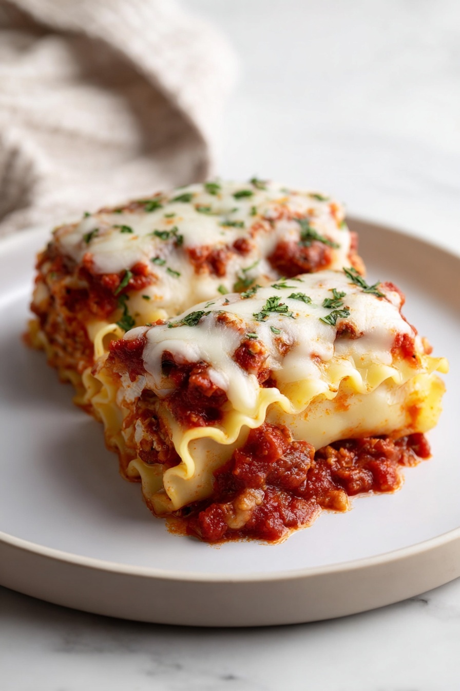 Vegan Lasagna Rolls, vegan lasagna, plant-based lasagna, dairy-free lasagna, vegan Italian dinner - Two rolled lasagna pieces sit side by side on a simple white plate. Each lasagna roll shows visible layers: a bottom layer of soft, wavy, pale-yellow pasta sheets, a middle layer of chunky red tomato sauce mixed with bits of meat, and a top layer of melted white cheese with some fresh green herb pieces sprinkled over. The red sauce slightly seeps down the sides, and the cheese has a lightly browned texture. The plate rests on a white marbled surface with a soft out-of-focus cloth in the background. Photo taken with an iphone --ar 2:3 --v 7
