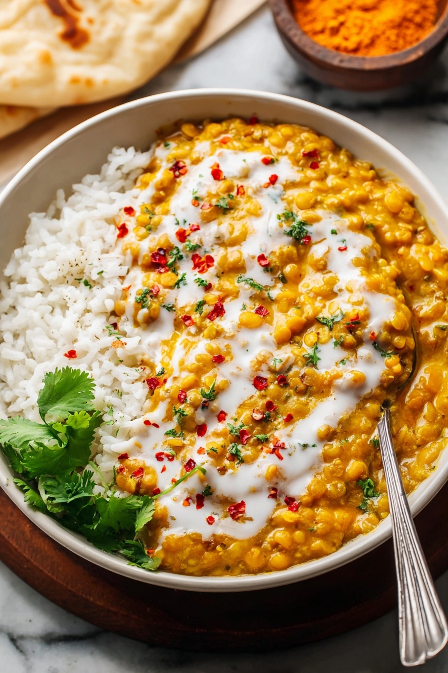 Quick & Easy Red Lentil Dahl, red lentil dahl recipe, fast vegetarian dinner, healthy lentil stew, simple vegan comfort food - A white bowl holds two main layers: on the left side, there is plain white rice with a soft, fluffy texture; on the right, there is a thick yellow-orange lentil stew topped with white creamy sauce drizzled diagonally, scattered small red chili flakes, and tiny green herbs. In the front bottom left corner of the bowl, fresh green cilantro leaves add color contrast. A silver spoon rests inside the bowl on the right side, slightly submerged in the lentil stew. The bowl is on a surface with a white marbled texture, with some flatbread partially visible in the background and a small brown bowl containing orange powder out of focus in the upper right. Photo taken with an iphone --ar 2:3 --v 7