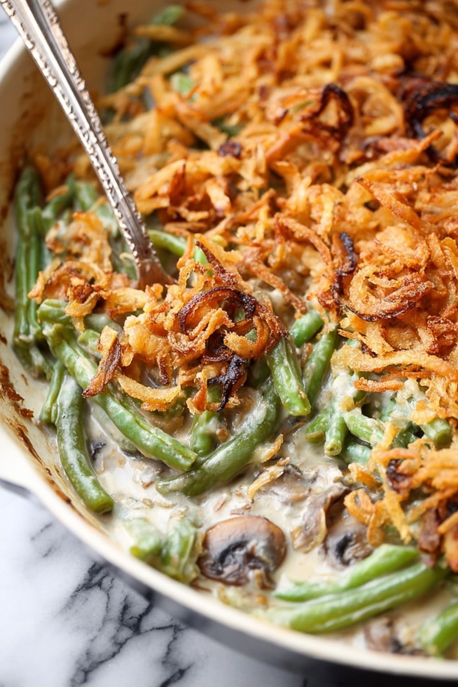 Vegan Green Bean Casserole, vegan holiday casserole, plant-based green bean dish, dairy-free green bean bake, vegan festive side dish - A black cast iron skillet filled with a creamy green bean casserole is shown. The bottom layer consists of a smooth, light beige creamy sauce mixed with sliced mushrooms, visible around the edges. Above that, bright green bean pieces are spread evenly, some mixed into the sauce. The top layer is a generous layer of crispy, golden-brown fried onion strings that cover most of the casserole, with some dark, toasted spots adding texture and contrast. A silver utensil is partially submerged on the right side, revealing the layers inside. The skillet sits on a white marbled surface. photo taken with an iphone --ar 2:3 --v 7