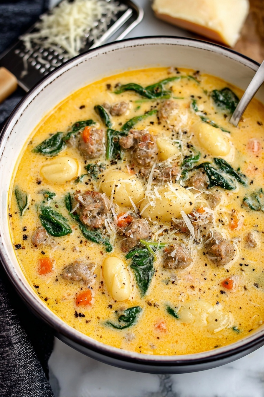 Creamy Italian Sausage Gnocchi Soup, Italian sausage soup, gnocchi soup recipe, creamy sausage and gnocchi soup, hearty Italian soup - A bowl filled with a creamy yellow soup containing round gnocchi pieces that are slightly shiny and smooth. Mixed within the soup are browned meat pieces with a crumbly texture and small bits of orange carrots scattered throughout. There are dark green spinach leaves adding color contrast. The soup looks thick and warm, with some grated cheese sprinkled on top and around the bowl edges. The bowl is white and set on a white marbled surface, with a striped cloth nearby and a block of cheese partially visible in the background. photo taken with an iphone --ar 2:3 --v 7