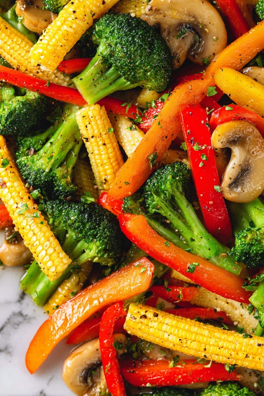 Vegetable Stir Fry, Quick Vegetable Stir Fry, Healthy Veggie Stir Fry, Easy Stir Fry Dinner, Vibrant Vegetable Stir Fry - The image shows a close-up of a colorful mix of stir-fried vegetables. The dish has three main layers: bright green broccoli florets with a slightly rough texture, yellow baby corn with a bumpy surface scattered throughout, and long strips of bell peppers in red, orange, and yellow with a smooth, shiny look. There are also pieces of light brown mushrooms with a soft, slightly glossy texture mixed in. The vegetables are sprinkled with small bits of green herbs and black pepper, which adds a speckled pattern on the surface. The whole mix sits on a background with a white marbled texture. Photo taken with an iphone --ar 2:3 --v 7