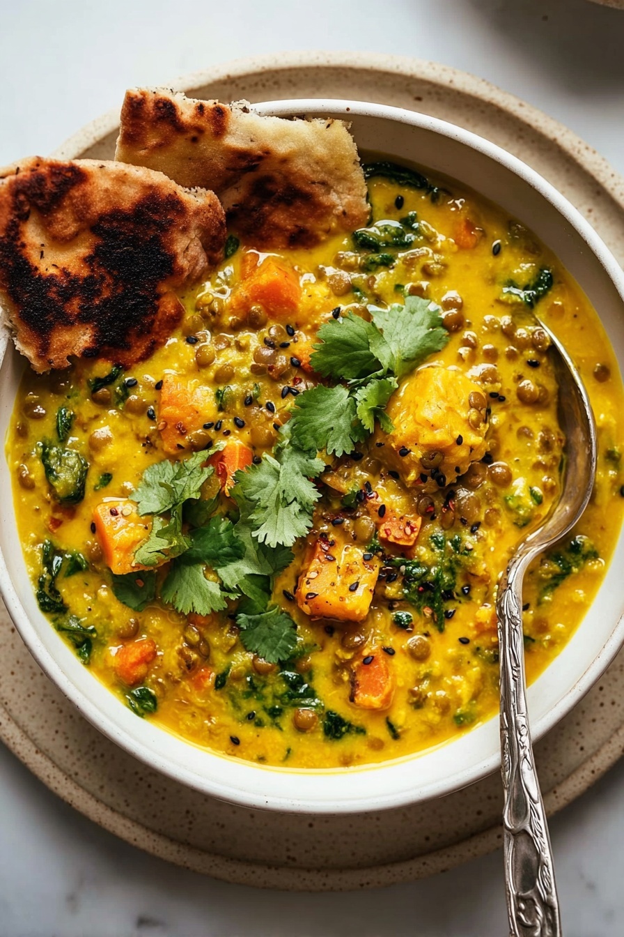 Ginger Sweet Potato and Coconut Milk Stew with Lentils and Kale, hearty vegan stew, healthy coconut sweet potato recipe, comforting lentil kale soup, nourishing plant-based stew - A white bowl filled with thick yellow curry that has green lentils and bright orange chunks of squash mixed in, garnished with fresh green cilantro leaves on top. The curry shows some small black seeds sprinkled across the surface and bits of leafy greens cooked into the sauce. On the left side inside the bowl, two pieces of toasted flatbread rest against the curry, showing a golden brown color and slight charring. A silver spoon with an ornate handle is placed inside the bowl on the right side, partially submerged in the curry. The bowl sits on a beige speckled plate, all set on a white marbled surface. Photo taken with an iphone --ar 2:3 --v 7