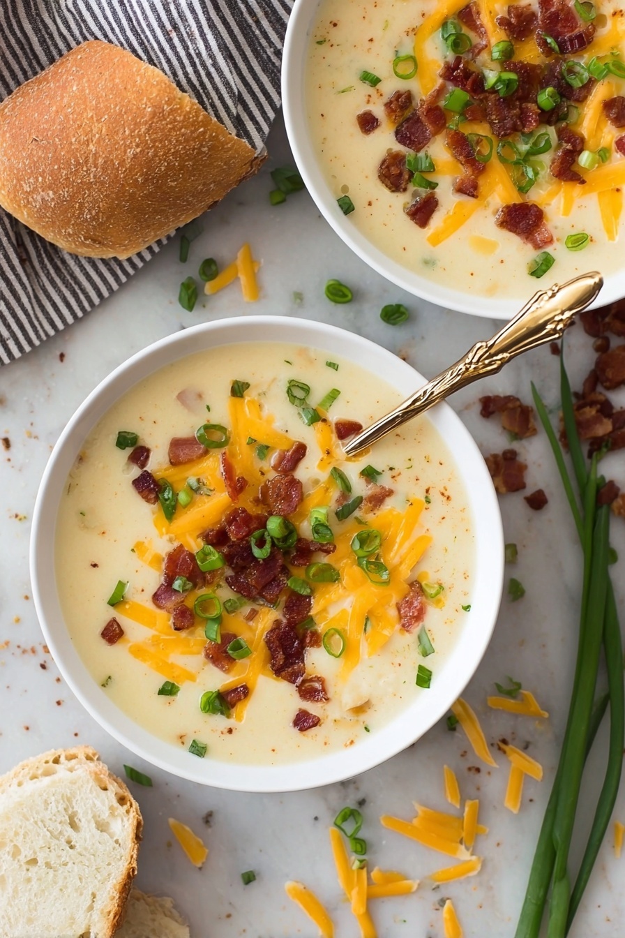 Ultimate Potato Soup, creamy potato soup with bacon, comforting potato soup recipe, easy potato soup for weeknights, savory potato soup with smoky flavor - The image shows two white bowls filled with creamy, thick soup. The soup is pale yellow and topped with bright orange shredded cheese, small green chopped scallions, and small crispy brown bacon pieces evenly spread across the surface. Each bowl has a gold spoon with a twig-like handle resting inside. Around the bowls, there are scattered bits of cheese and scallions on a white marbled texture. A torn piece of light brown bread sits near the bottom left corner beside one bowl. One woman's hand holds a spoon in the bowl at the top. Photo taken with an iphone --ar 2:3 --v 7