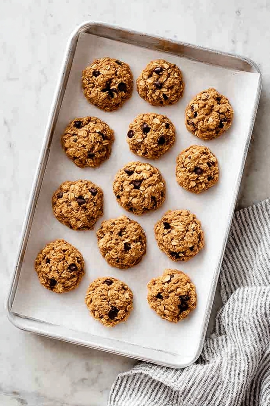 Peanut Butter No Bake Cookies, no bake cookie recipe, easy peanut butter cookies, quick no bake desserts, simple cookie recipes - A white baking tray lined with white parchment paper holds twelve round oatmeal and chocolate chip cookies arranged in rows of three and four. The cookies have a light golden brown color, with visible oats and small dark chocolate chips scattered throughout, showing a rough and textured surface. The tray rests on a white marbled surface with a gray and white striped cloth partially visible at the bottom right corner. photo taken with an iphone --ar 2:3 --v 7